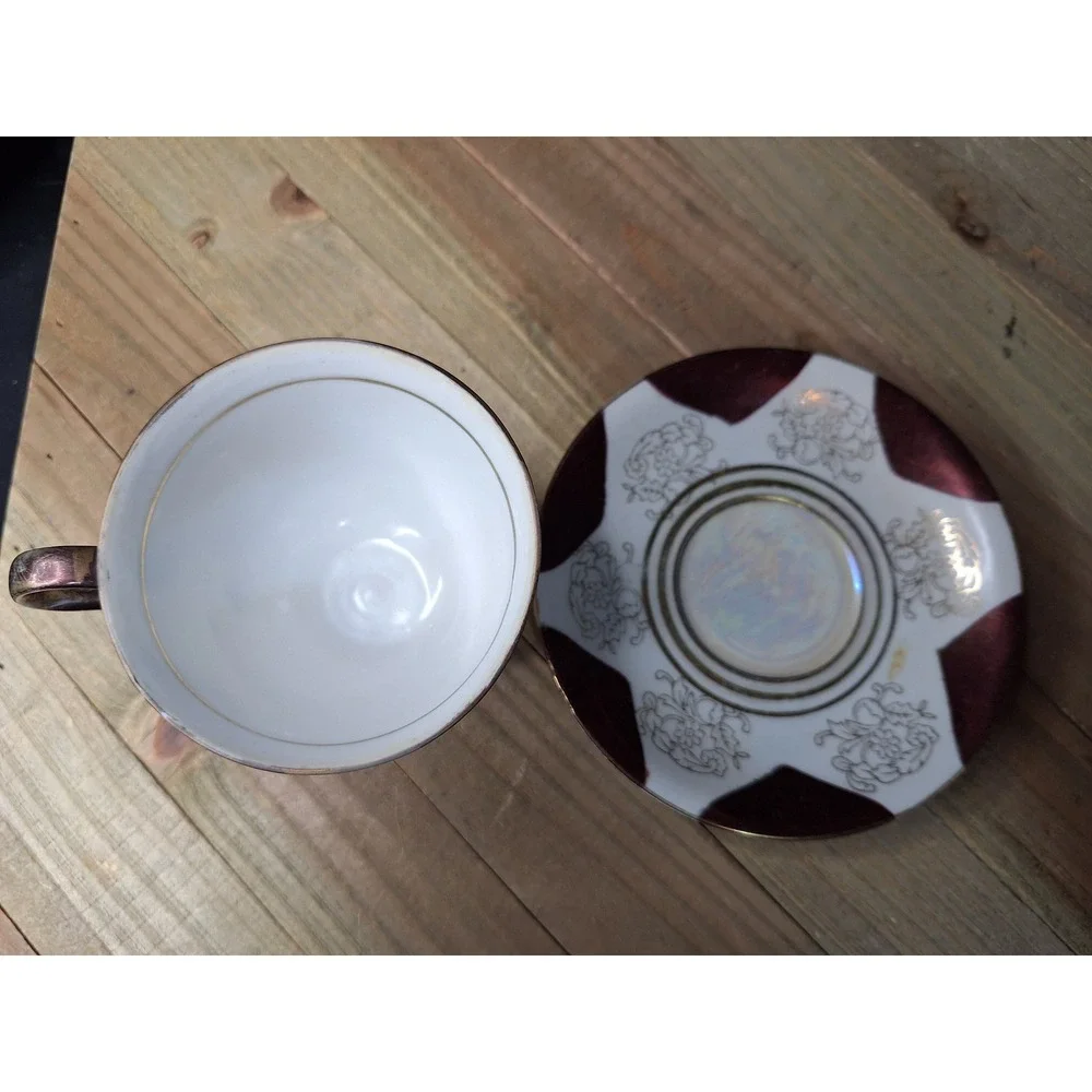 Vintage 1940's Made in Japan Lusterware Teacup and Saucer Maroon Gold Iridescent